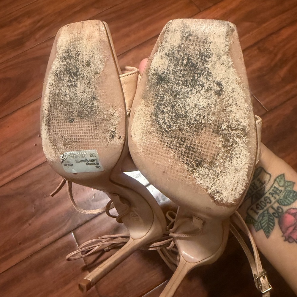 SCHUTZ Tan Lace-Up Stiletto Sandals with Wrap Ankle Ties - Picture 5 of 15